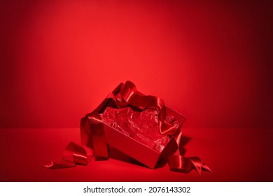 Open Red Gift Box With Ribbon, Mock Up For Advertisement