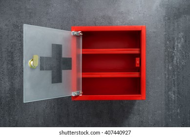 Open Red Metal Empty Medicine Cabinet Hanging On A Dark Gray Marble Wall Background. Front View