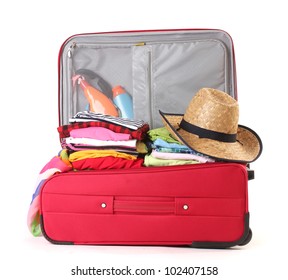 Open Red Suitcase With Clothing Isolated On A White