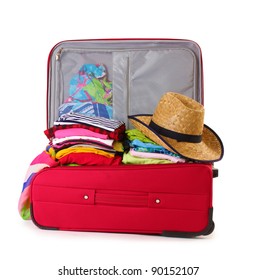 Open Red Suitcase With Clothing Isolated On A White