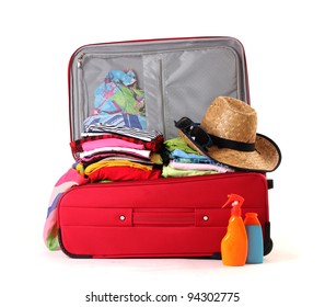 Open Red Suitcase With Clothing Isolated On A White