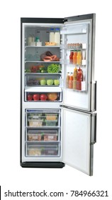 Open Refrigerator Full Of Food On White Background