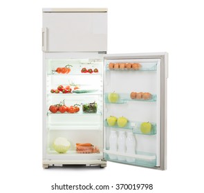 Open Refrigerator Full Of Fresh And Healthy Food Isolated Over White Background