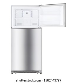 Open Refrigerator Isolated On White Background. Top Mount Fridge Freezer. Electric Kitchen And  Domestic Major Appliances. Front View Of Stainless Steel Two Door Top-Freezer Fridge Freezer