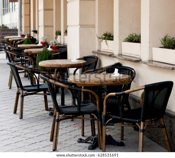 Open Restaurant Terrace Wooden Tables Chairs Stock Photo