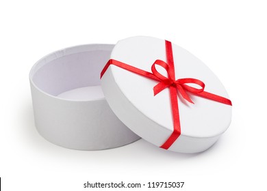 Open Round Gift Box With Red Bow Isolated On White