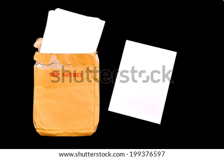 Open rude envelope for document with top secret stamp and documents