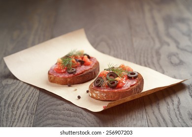 Open Rye Sandwich With Salami And Vegetables