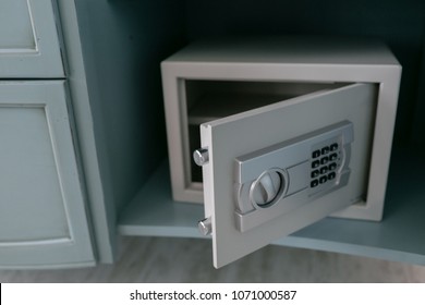 Open Safe In A Wealthy House. Safety Box In Hotel Room. Concept Safe Storage Of Money And Documents