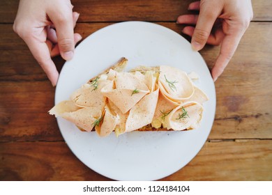 Open Sandwich Chicken Ham In Dish Hand Table