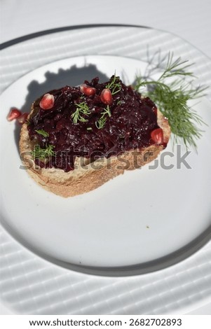 open sandwich of rye bread with beetroot spread and pomegranate seeds on a white plate, top view