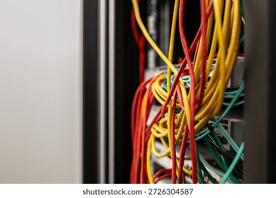 Open server rack with network switches and patch panels, showing disorganised, tangled multi-coloured Ethernet cables