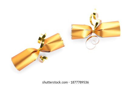 Open Shiny Golden Christmas Cracker Isolated On White, Top View