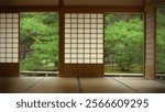 Open Shoji screens revealing a beautiful lake and garden from the view of a traditional Japanese tatami room.