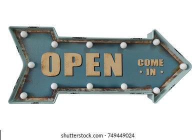 Open sign board with light bulb, arrow shape isolated on white background, vintage style - Powered by Shutterstock