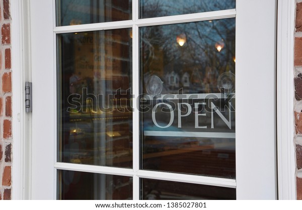 Open Sign Hanging Glass Door Stock Photo Edit Now 1385027801