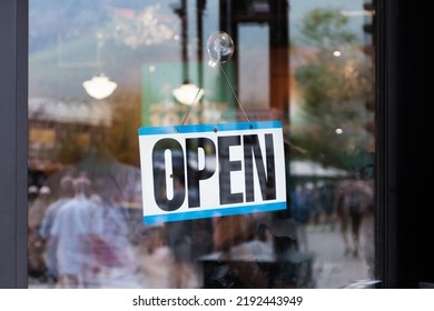 Open Sign Hanging In Storefront Window Business Shop Closeup