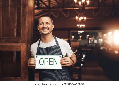 Open sign, portrait and smile with man at brewery entrance for beer tasting, hospitality or service. Door, restaurant and small business owner with happy barista in apron for reopening of beerhouse - Powered by Shutterstock