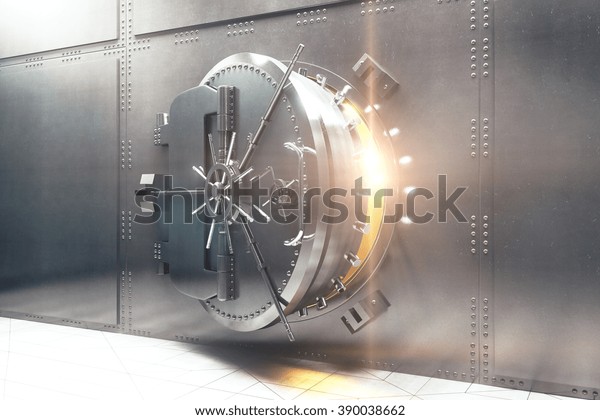 Open silver bank vault with golden light peeking\
from inside, 3D Render