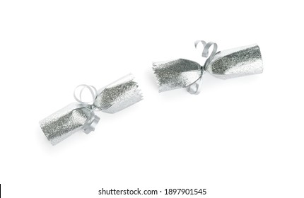 Open Silver Christmas Cracker Isolated On White, Top View