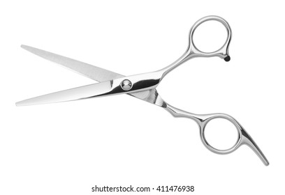 Open Silver Hair Cutting Scissors Isolated On White Background.