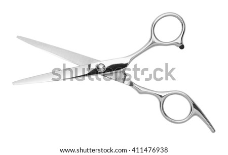 Open Silver Hair Cutting Scissors Isolated on White Background.