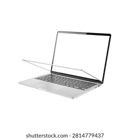 Open silver laptop computer on white surface with blank screen