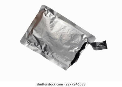 Open silver sachet, ripped disposable blank sachet packaging