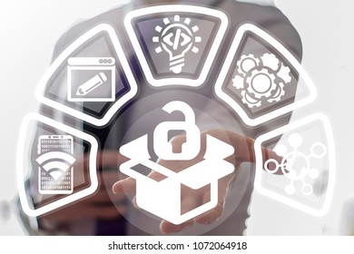 Open Source Code. Coding Programming Web SEO Security CMS. Young business girl offers open padlock with box icon on a virtual interface.
