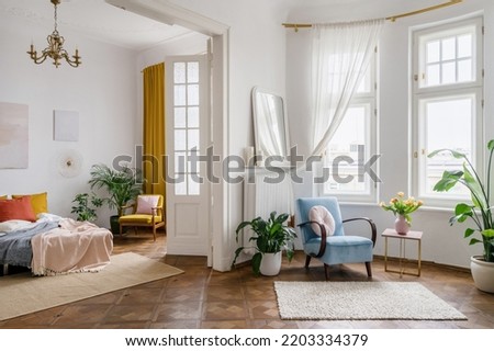 Open space or apartment studio with vintage style interior. Retro design in living room. Old fashionable furniture, armchair and messy crumpled bedding in bedroom. Home decor, green houseplants