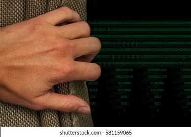 Open space for the future! - Close up image of a hand pulling old fashioned curtain with binary code jumping out from the background. Past giving way to future technologies concept.