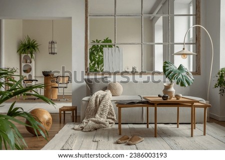 Open space interior with modular sofa, wooden coffee table, big window, beige rug, braided plaid, pillows, round table, lamp, plants, slippers, ball and personal accessories. Home decor. Template.