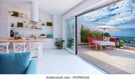 open space kitchen with sliding doors and rooftop patio - Shutterstock ID 1929965162