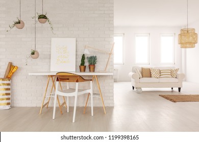 Open Space Living Room Interior In Real Photo With White Sofa With Cushions In The Background, Desk With Poster And Plants Standing By The Brick Wall And Plastic Chair