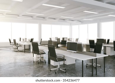 Open space loft office with furniture and big windows 3D Render - Shutterstock ID 354236477