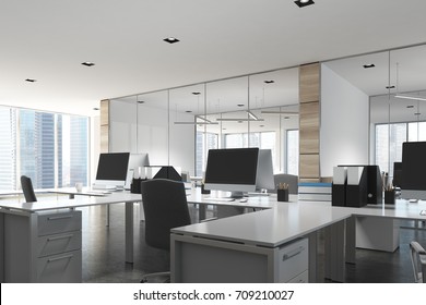 Open Space Office Environment With Wooden, White And Glass Walls, Rows Of White Computer Desks And Original Ceiling Lamps. 3d Rendering Mock Up