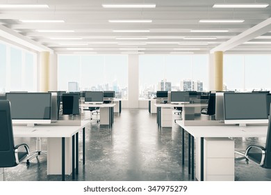 Open space office in loft style hangar with windows in floor and city view 3D Render