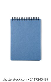 Open spiral bound notepad with craft blue sheets, isolated on white background. Top view, copy space for text, template, mockup