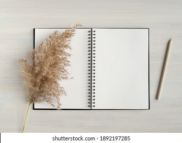 Open Spiral Notebook, Diary, Planner, Sketchbook Mockup, Styled Stock Photo, Flat Lay, Boho Style.	