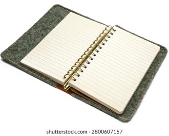 An open spiral-bound notebook featuring lined cream-colored pages and a rustic textured gray felt cover with orange stitching. This high-quality commercial stock asset from the file ultra-realistic-single--blank-recycled-felt-notebo.jpg is isolated on a clean transparent background.