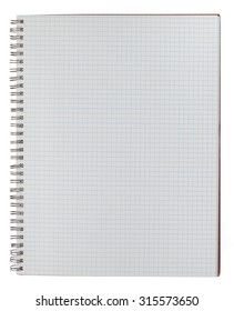 An Open Spiralbound Notebook With Graph Paper Sheets. Metal Spiral Binding Is Aged And Worn. One Page Showing. Isolated On White With Clipping Path.