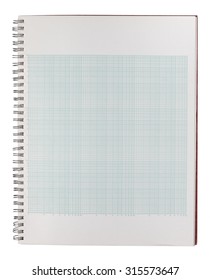 An Open Spiralbound Notebook With Log-log Graph Paper Sheets. Metal Spiral Binding Is Aged And Worn. One Page Showing. Clipping Path Included. Isolated On White.