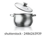 Open stainless steel cooking pot isolated on white background with clipping path. Selective focus