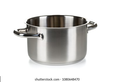 Open stainless steel cooking pot over white background - Shutterstock ID 1080648470
