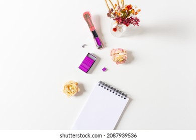 Open Stapler With Colored Staples. Flat Lay, Top View. Feminine Office Concept.