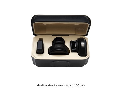 Open storage and charging case containing a portable wireless lavalier microphone system, isolated on a white background.