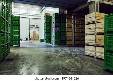 Open storage space, no people. Empty storage space with lots of pallets neatly stacked in the factory. The dark atmosphere of a closed warehouse without people. Distribution and logistics