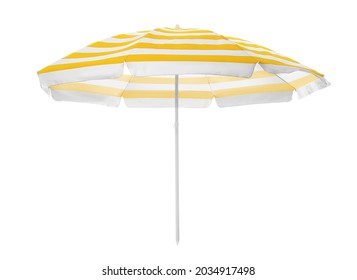 Open striped beach umbrella isolated on white - Powered by Shutterstock