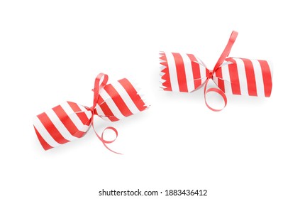 Open Striped Christmas Cracker Isolated On White, Top View