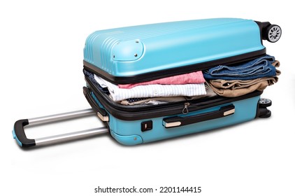 Open Suitcase With Casual Clothes Isolated On White Background.